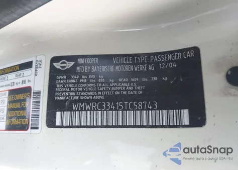 2005 Mini Cooper z USA, uszkodzony, nr VIN WMWRC33415TC58743